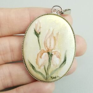 Vintage Pink and Green Painted Flower Pendant, Oval Silver Tone Setting, Signed